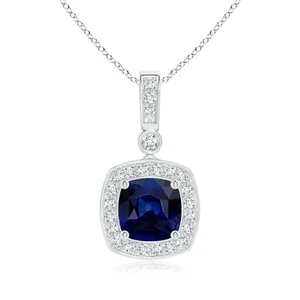 14k Gold Igi Certified Claw Sett <b>Cushion</b> Cut Blue Sapphire Pendant With Diamond Halo Set Wholesale Bulk Supplier Of Fine Jewelry - Product Image 1