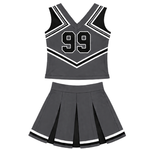 Uniforme de pom-pom girl gris anthracite personnalisé par le fabricant, ensemble deux pièces, haut à col en V, jupe plissée, tenue de compétition sportive - Product Image 2