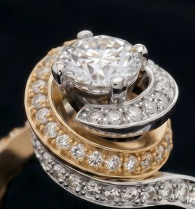 Bague de fiançailles en or bicolore avec diamant de laboratoire |   Bague solitaire Swirl Halo pour femmes |   Bijoux de Mariage de Luxe Plaqués Rhodium - Product Image 3