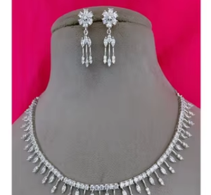Collar de plata brillante, pendientes, elegante conjunto de joyas de cristal, hermoso conjunto de collar de piedra, Perno pequeño para compromiso de fiesta de boda - Product Image 2