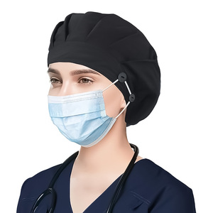 Gorro Quirúrgico Negro con Botón Trasero para Uniformes de Hospital, Accesorio Unisex para Gorro de Enfermería, Poliéster/Algodón Satinado - Product Image 1