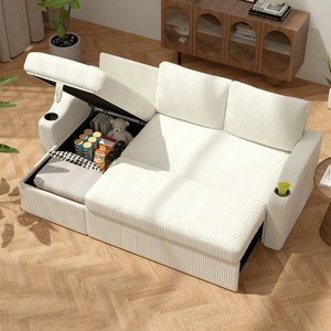 Divano Letto Angolare Moderno Convertibile in Velluto a Coste con Contenitore, Portabicchieri e Braccioli per Soggiorno - Product Image 2
