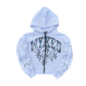 Men's Premium <b>White</b> <b>Zip</b> <b>Up</b> Hoodie Custom Graphic Rhinestone Star Printed Pullover Sweatshirt Streetwear Wholesale - Product Image 1