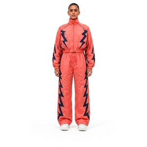Survêtement corail pour femme avec imprimé éclair bleu marine, coupe ample, style sportif, col montant, fermeture à cordon de serrage - Product Image 1