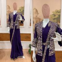 Sari en soie Rangoli avec dentelle, broderie artisanale, chemisier brodé, veste Koti cousue, prêt-à-porter, tenue festive fusion pour femme