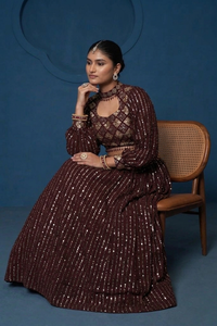 Burgundy Beaded Lehenga Set <b>Sequin</b> Embroidered <b>Crop</b> <b>Top</b> Pleated Skirt Indian Wedding Outfit - Product Image 2