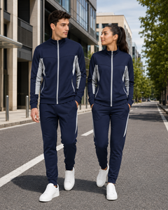 Unisex <b>Navy</b> Blue Grey Full-Zip Stand Collar Jacket <b>Jogger</b> Pants Tracksuit Set 100% Cotton Breathable Quick-Dry Eco-Friendly - Product Image 6
