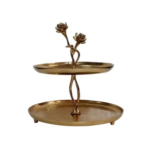 Support à gâteau à 2 niveaux en métal doré, motif floral lotus, en aluminium, pour cupcakes et desserts, plateau de service à étages - Product Image 1