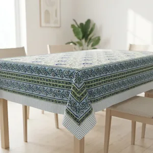 Mantel de Algodón Premium con Estampado Clásico, Diseño Floral Cuadrado, Tejido a Mano, para Uso Doméstico, Borde a Rayas Azul Verde - Product Image 1