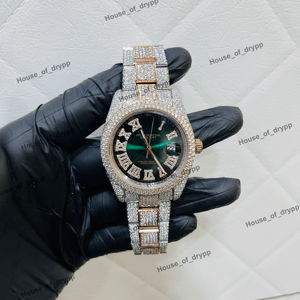นาฬิกาข้อมือสแตนเลสสตีลประดับเพชรแล็บโกรว์ ตัวเลขโรมัน หน้าปัดสีเขียว ดีไซน์หรูหรา สไตล์ฮิปฮอป สำหรับทั้งชายและหญิง - Product Image 1