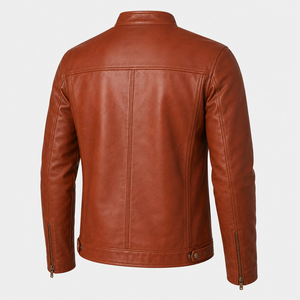 Blouson de motard en cuir véritable pour homme, coupe ajustée, style streetwear, col mandarin, avec lettres en toile, pour l'hiver, designs de mode personnalisés - Product Image 2