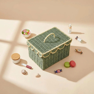 <b>Rectangular</b> Natural Paper <b>Storage</b> <b>Basket</b> With Handle For Bathroom Organization Nordic Style Nice Scallop Trims - Product Image 2