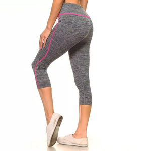 Women's High Waist Capri <b>Leggings</b> Gray With Pink Trim Knitted Spandex Sporty Style Breathable Stretch Comfortable All Seasons - Product Image 5