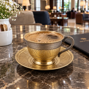 Juego de Taza y Platillo de Té de Latón Antiguo de Dos Tonos, Diseño Geométrico Grabado en Bronce, Taza de Café Turca, Vajilla para Hoteles, Regalos al por Mayor - Product Image 3