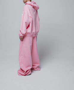 Men's Pink Hooded Sweatshirt <b>Set</b> Casual Oversized Two-Piece Tracksuit Solid Color French Terry Autumn Wear - Product Image 4