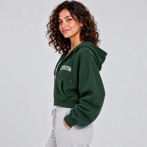 Sweat-shirt court à capuche vert foncé pour femme, coupe ajustée, taille cintrée, doublure polaire, fermeture éclair courte, personnalisable avec logo - Product Image 3