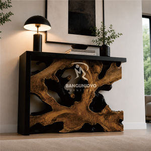 Table console moderne en teck massif, écologique, durable, fabriquée à la main, avec côtés en bois de butternut et centre en racine de teck - Product Image 3