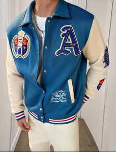 <b>Men's</b> Blue Varsity <b>Jacket</b> Embroidered <b>Letter</b> A Patch Design Turn-down Collar Regular Fit Autumn Wear - Product Image 1