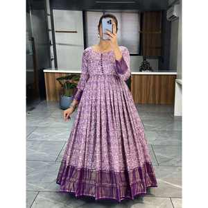 DISEÑADOR ALGODÓN SEDA KALAMKARI ESTAMPADO TRABAJO SOLO VESTIDO MORADO - Product Image 1