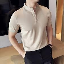 Premium Men’s Henley Polo <b>Shirt</b> – <b>Band</b> <b>Collar</b> Knit Short Sleeve – Breathable Textured Cotton Blend – Slim Fit Casual Summer Top - Product Image 2