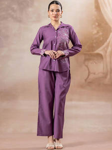 Conjunto de pijama para mujer de algodón puro estampado, camisa de algodón puro estampada con pantalón, conjunto morado bordado - Product Image 3