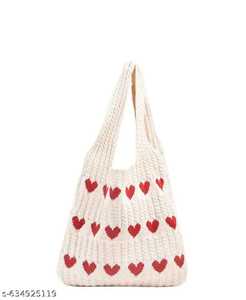 Bolso de mano de ganchillo para mujer, bolso de hombro informal con apliques de corazón rojo, uso diario, bolso reutilizable para el día de San Valentín, 100% de gran capacidad - Product Image 1