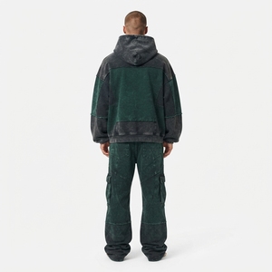 Mens Green <b>Black</b> Acid Wash Color Block <b>Zip</b> <b>Hoodie</b> Cargo Pants Tracksuit Set Custom Streetwear Casual Fashion Outfit - Product Image 2
