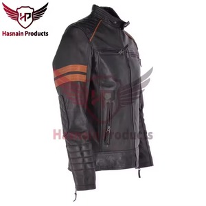 Chaqueta de cuero genuino negra para hombre, estilo motero con rayas color canela, abrigo de piel de vaca acolchado en los hombros, estilo Cafe Racer, personalizada, cálida para invierno - Product Image 2