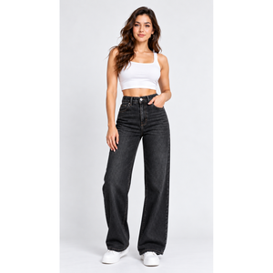 Jean en denim décontracté à taille haute pour femme avec poches plaquées, noir délavé - Product Image 5