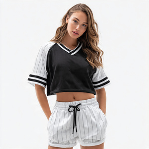 Prix d'usine – Haut court de baseball pour femme, boutonné, à rayures, style streetwear / Maillot court de baseball pour femme - Product Image 2