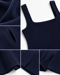 Robe longue en coton pour femme - Robe de soirée moulante bleu marine à col carré sans manches avec fente haute pour les fêtes - Product Image 6