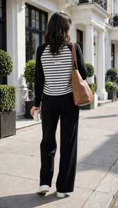 <b>Women's</b> Black <b>White</b> Striped Raglan Sweatshirt & Elastic Waist Wide Leg Pants 2 in 1 Lightweight Sports Casual <b>Tracksuit</b> Set - Product Image 2