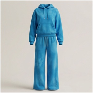 Conjunto Unisex de Sudadera con Capucha Azul y Pantalones Deportivos, 100% Algodón, Corte Holgado, Chándal Informal de Otoño, Color Sólido, Largo Completo - Product Image 1