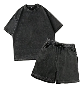 Men's Cotton T-Shirt And Shorts <b>Set</b> Crew Neck Solid Color Casual Summer Wear Breathable <b>Knitted</b> Fabric - Product Image 1