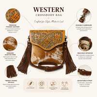 Sac bandoulière en cuir de vachette pleine fleur fait main avec rabat floral gravé à la main et franges, sac à bandoulière pour femme style western bohème