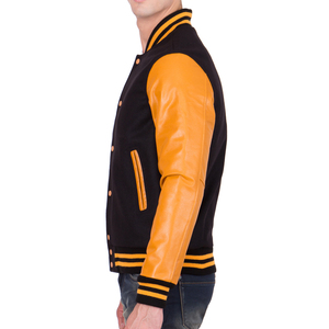 <b>Mens</b> Black and Yellow Varsity <b>Jacket</b> Yellow Leather Sleeves Letterman Bomber <b>Jacket</b> Casual Baseball Style Winter <b>Warm</b> Outerwear - Product Image 5