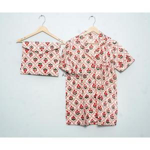 Pyjama sexy pour femmes en coton et dentelle à manches courtes, col en V, imprimé floral, respirant, lavable, coupe trapèze, avec cordon de serrage - Product Image 5