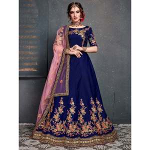 Lehenga Choli de mariée en taffetas de soie bleu marine brodé avec dupatta - Product Image 1
