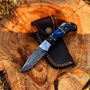 Handmade Damascus Industrial Grade Folding Knife Blue Wood Handle <b>Drop</b> Point Blade 3-Year Warranty Pocket Knife Leather Pouch - Product Image 1