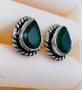 925 Sterling <b>Silver</b> Teardrop Green Onyx Gemstone <b>Stud</b> Earrings 8mm Vintage Rope Frame Handmade Green Stone Fine Jewelry - Product Image 2