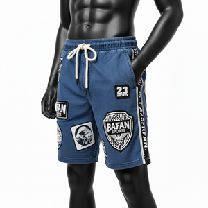 Shorts de baño de lujo para hombre, 150 GSM, microfibra de poliéster, azul denim oscuro, logotipo bordado en chenilla, diseño personalizado. - Product Image 3
