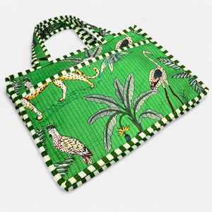 กระเป๋าถือสะพายไหล่ผ้าฝ้ายทอมือลายป่าเขตร้อน ปิดซิป แต่งขอบตัดสี กระเป๋าโท้ทสำหรับผู้หญิง กระเป๋าถือทำมือ - Product Image 2