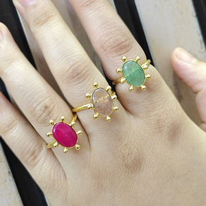 Green Strawberry Quartz Cherry Quartz Oval Gemstone <b>Ring</b> Brass 18k Gold Plated Beaded Designer Texture Band <b>Adjustable</b> <b>Rings</b> - Product Image 6