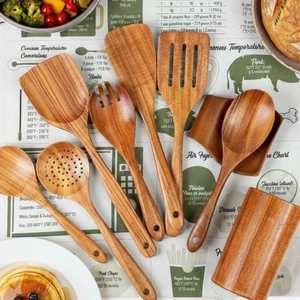 Juego de utensilios de cocina de madera ecológicos con mango largo chapado en oro rosa, diseño moderno, espátula, cuchara, volteador y cucharón antiadherentes, venta al por mayor - Product Image 5