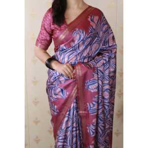 Sari rose abstrait pour soirée, en soie Tussar douce avec châle tissé en zari imprimé - Product Image 5