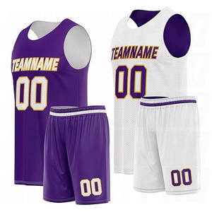 Maillot de basket personnalisé pour hommes, ensemble de vêtements de sport entièrement sublimé, respirant, design athlétique, violet, blanc, jaune, équipe personnalisée - Product Image 1