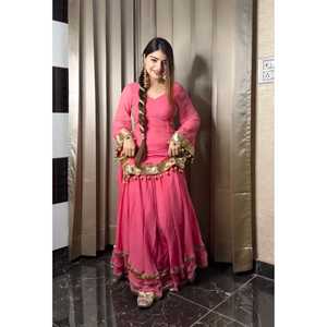 Conjunto de traje de fiesta de diseñador para mujer con bordado pesado Top de trabajo-Plazzo y Dupatta para ocasiones especiales - Product Image 2