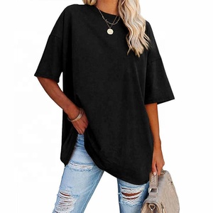 T-shirt décontracté d'été pour femme 100 % coton tricoté avec logo personnalisé, coupe ample, manches courtes, col rond, longueur longue, respirant - Product Image 5
