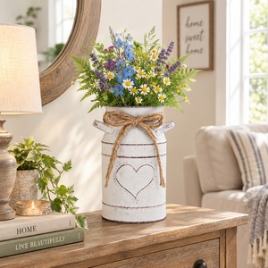 Vintage <b>White</b> Metal Milk Can Vase Rustic Farmhouse Heart Planter <b>Jug</b> Centerpiece Container with Jute Bow and Wildflowers - Product Image 4