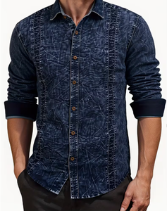 Chemise en jean slim pour homme, manches longues, col rabattu, style décontracté, imprimé délavé, en coton tissé, infroissable, toutes saisons - Product Image 6